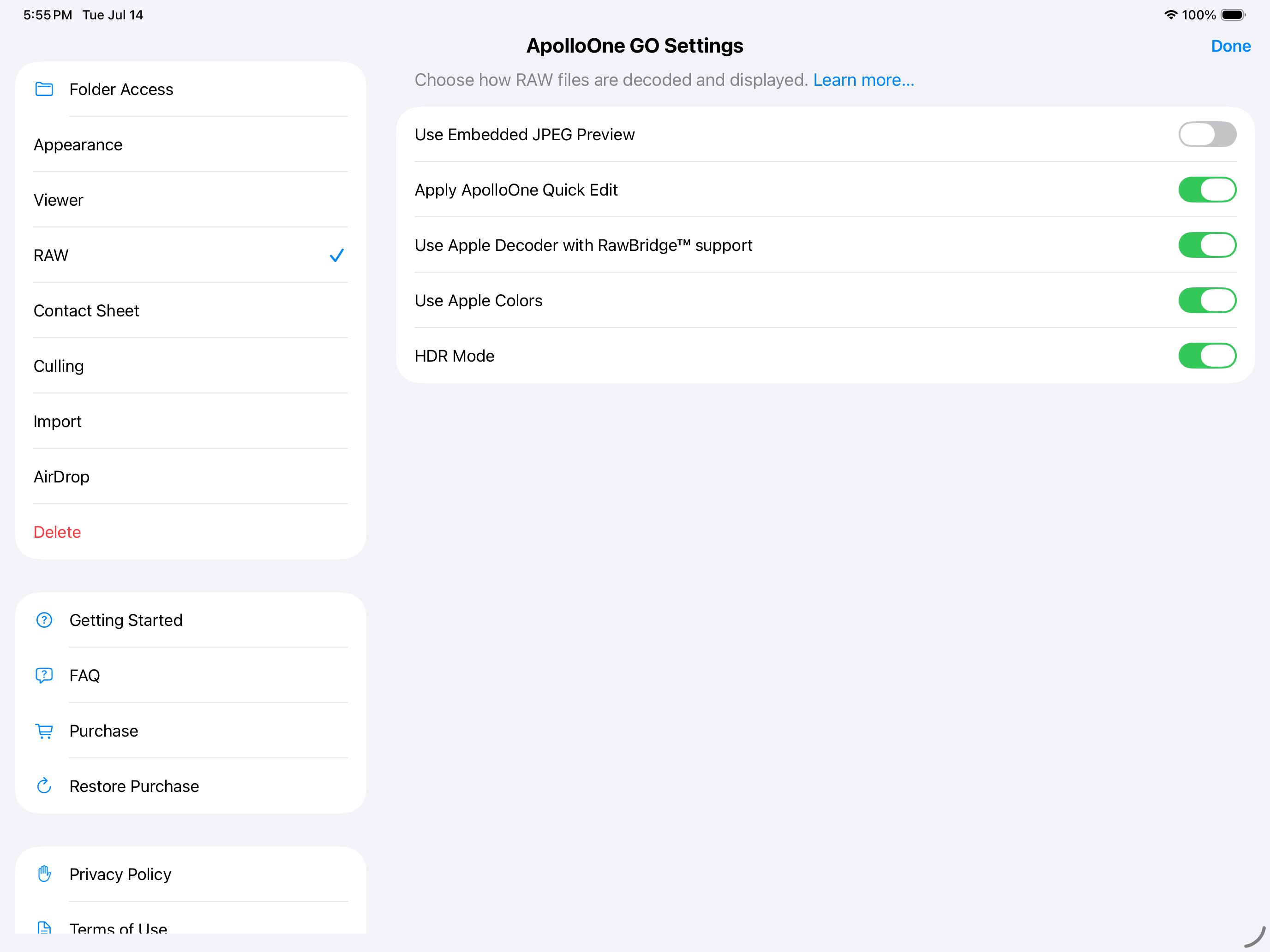 ApolloOne GO RAW settings with Apple decoder with RawBridge support, Apply ApolloOne Quick Edit, and HDR Mode toggles