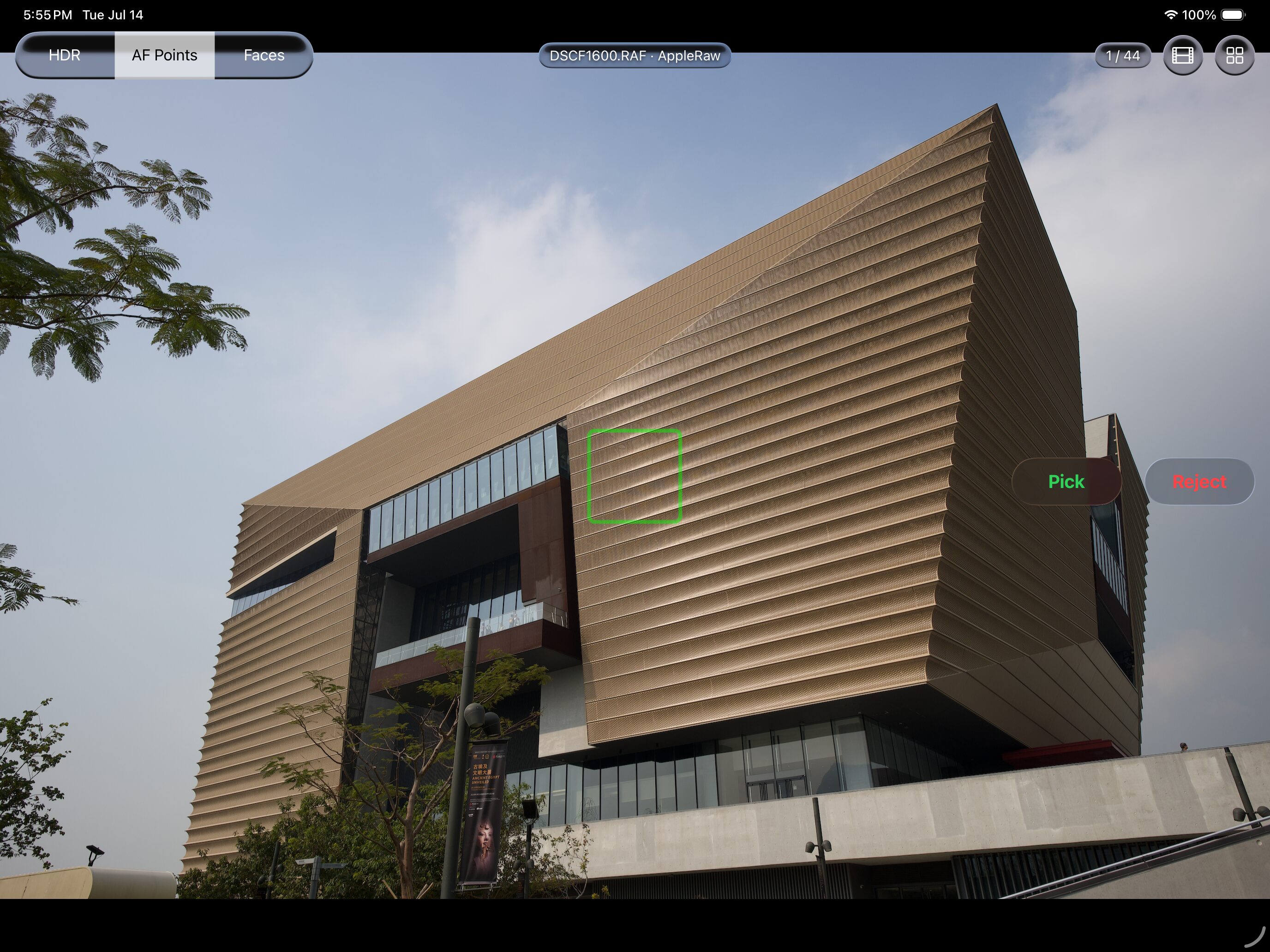 ApolloOne GO viewer on iPad with AF point overlay, HDR / AF Points / Faces toggles, and Pick and Reject buttons