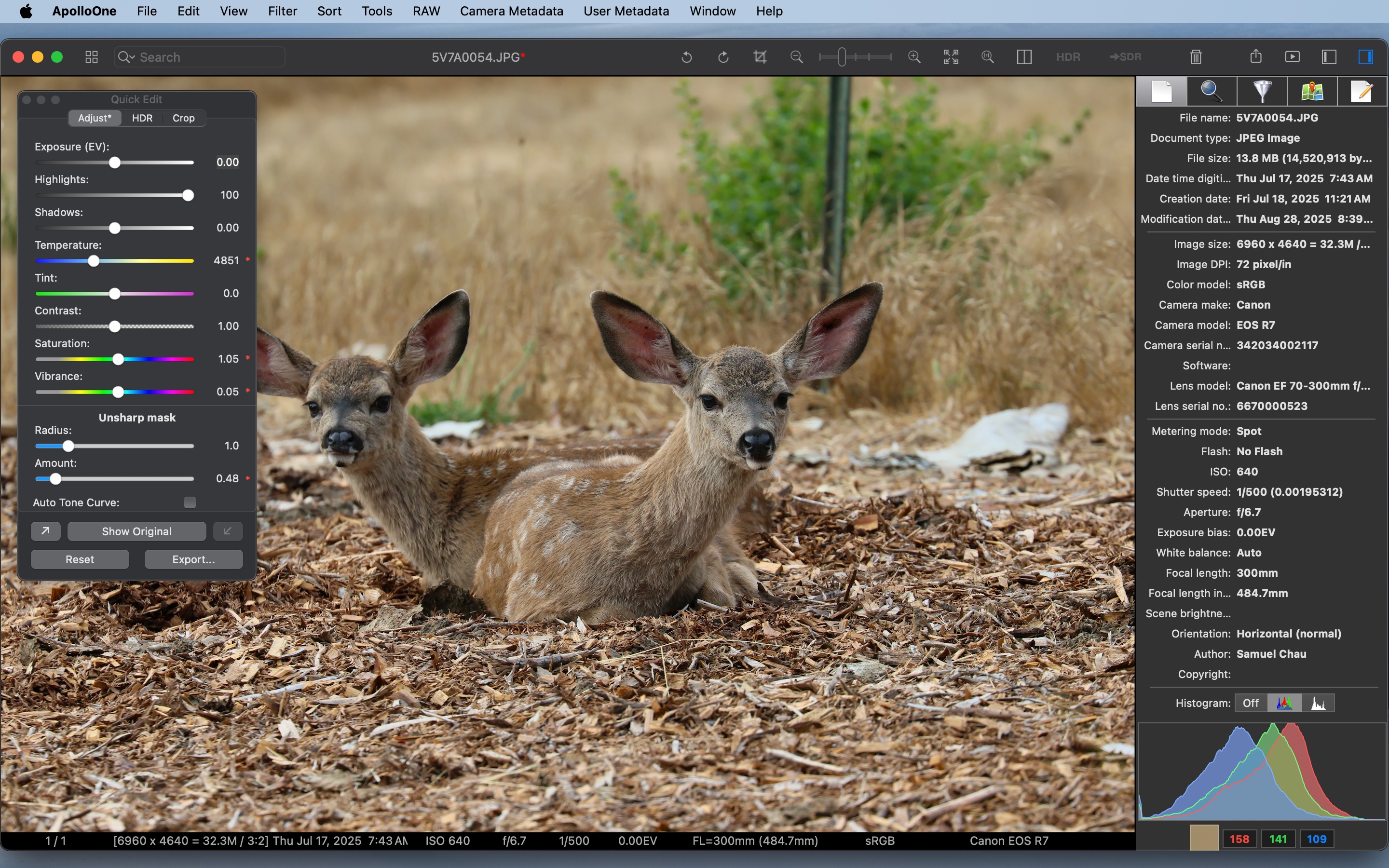 ApolloOne Quick Edit panel with adjustment sliders and histogram
