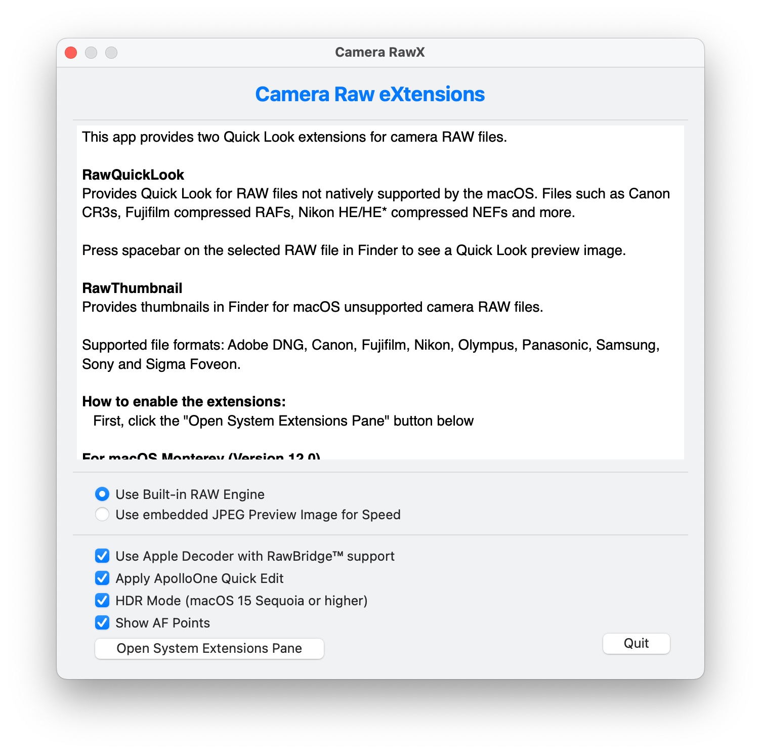 Camera RawX settings window